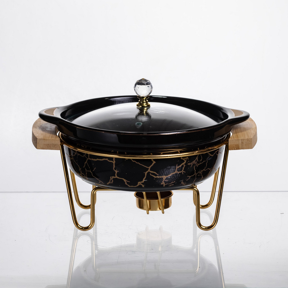Мармит фарфоровый настольный круглый 800 (мл) мармитница с подогревом Черный мрамор LC-716 Киев - изображение 1
