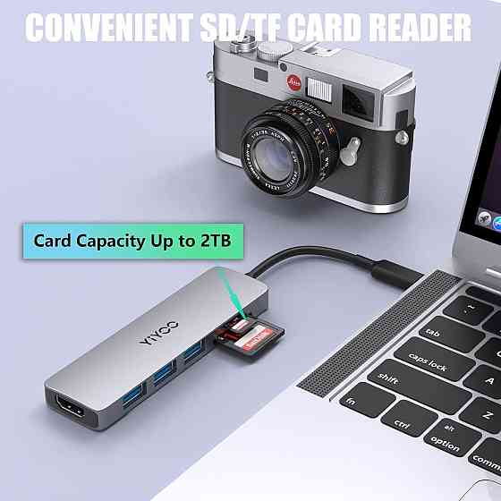 YIYOO 6-в-1 USB-C хаб, HDMI 4K@30Hz, 3x USB 3.0, SD/TF, адаптер для MacBook, Surface, XPS, PS5, Xbox Київ