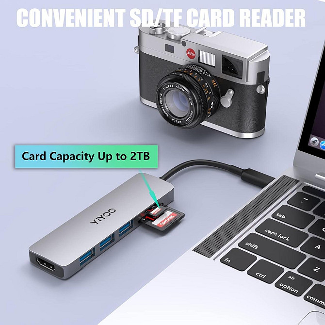 YIYOO 6-в-1 USB-C хаб, HDMI 4K@30Hz, 3x USB 3.0, SD/TF, адаптер для MacBook, Surface, XPS, PS5, Xbox Київ - фото 2