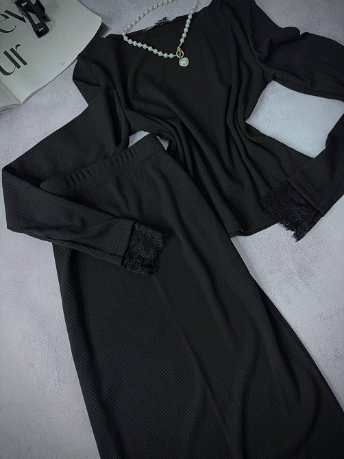 Женский стильный костюм кружево Лонг+юбка рубчик+кружево Одесса - изображение 1