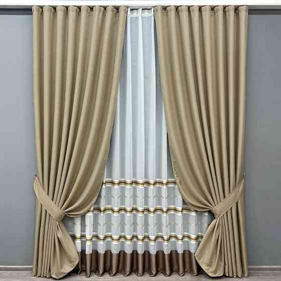 Комплект штор VR-Textil Льон Мішковина 200х270 2шт і Тюль 600х270 292ш-1579т Бежевий з молочним 71-160/7 Київ