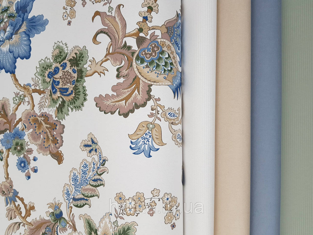 Шпалери флізелінові еко Rasch Sophia 0.53х10 рослинний принт квіти листя сині коричневі зелені на білому Київ - фото 2