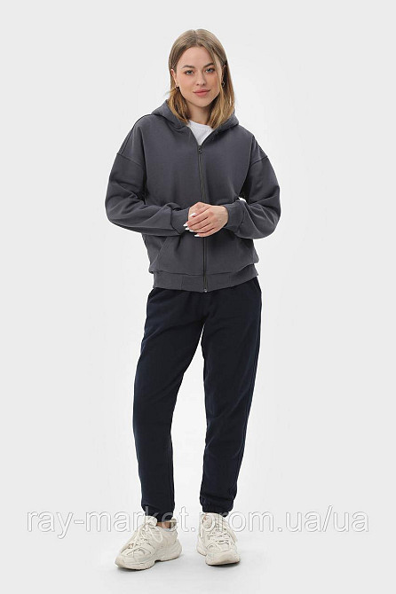 Костюм жіночий худі на блискавці темно-сіре та штани чорні RAY PREMIUM LOOSE U0809 (U0809W-Dark Grey-Black) Київ - фото 1