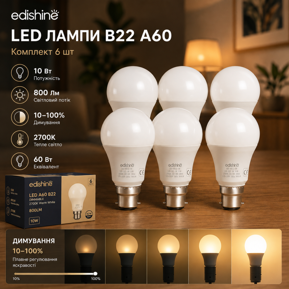 Светодиодные лампы EDISHINE B22 A60 10 Вт, 800 лм, 2700K, диммируемые 10–100%, аналог 60 Вт, 6 шт Киев - изображение 10