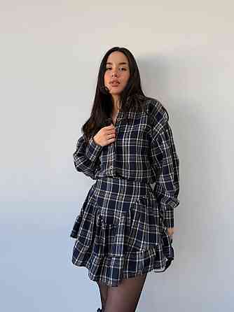 Жіночий стильний костюм-двійка: сорочка та спідниця в карту тіар Темно-синій, 46/48 Одеса