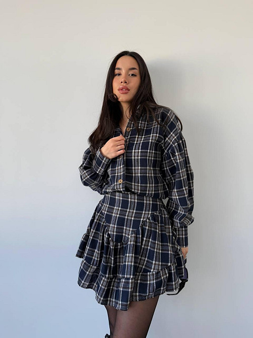 Жіночий стильний костюм-двійка: сорочка та спідниця в карту тіар Темно-синій, 46/48 Одеса - фото 3