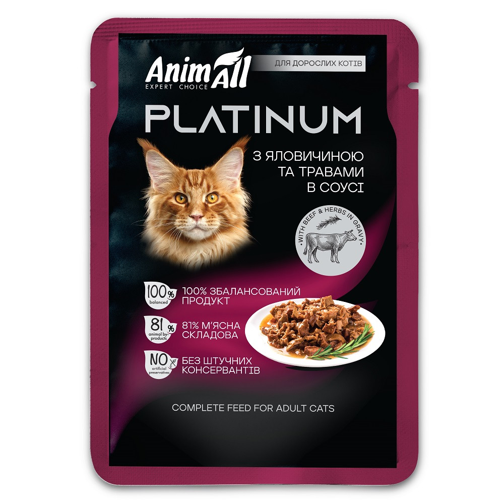 АнімАлл вологий корм PLATINUM Пауч для дорослих котів з Яловичиною та Травами в соусі, 85г Київ - фото 1