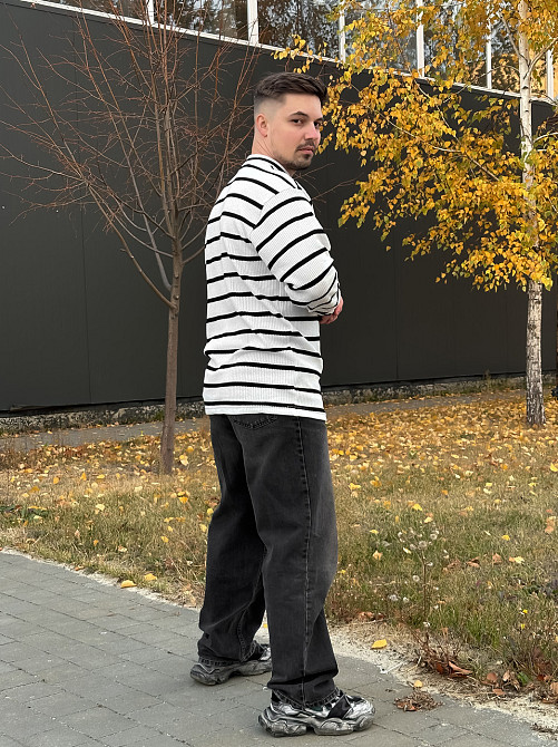 Светр чоловічий в'язаний оверсайз у смужку зебра теплий біло-чорний XL Одеса - фото 7