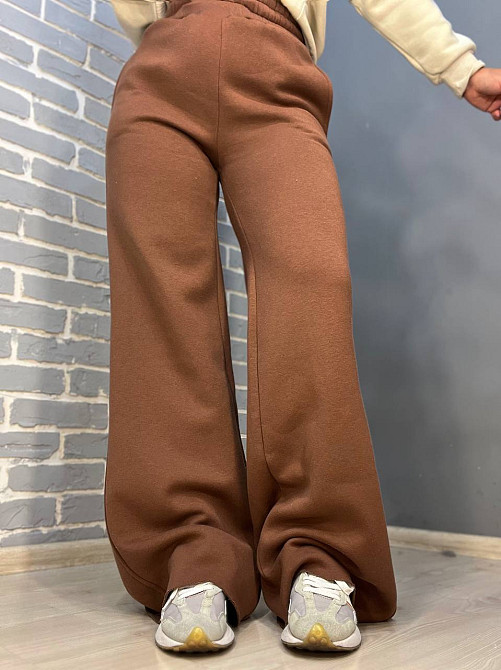 Костюм жіночий Quzen 388-488 подовжений світшот напис брюки палаццо широкі утеплений на флісі темно  Одеса - фото 4