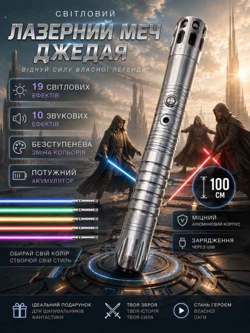 Світловий меч Джедая 100 см: металева RGB рукоятка, 13 світлових та 11 звукових ефектів, акумулятор 2000 mAh Київ - фото 1