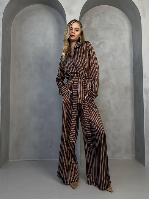 Жіночий стильний вільного крою костюм із шовку сатину Шоколад 2 Одеса - фото 8