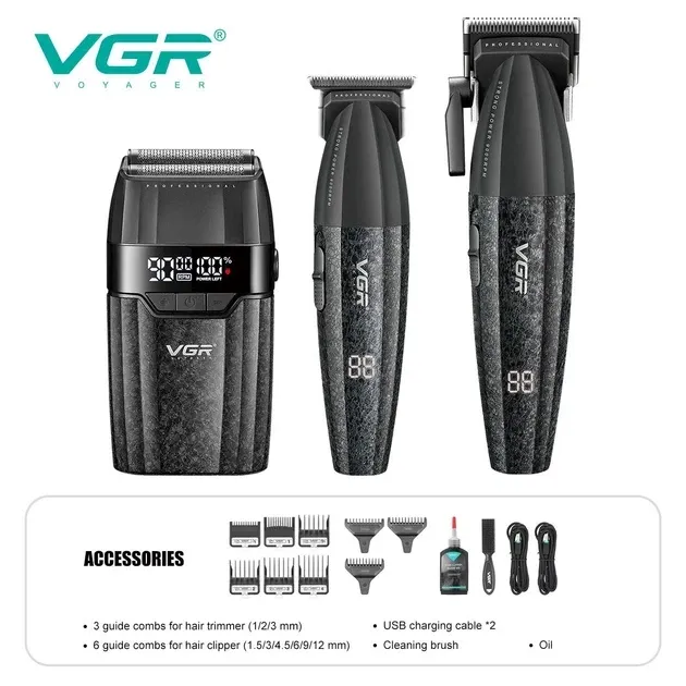 Барбер-набір 4в1 VGR V-640 S4 Black: машинка, тример, шейвер, фен BLDC 9000 RPM, USB Type-C, LED-дисплей Одеса - фото 9