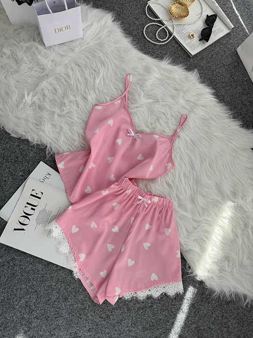 Женская базовая повседневная домашняя шелковая пижама с кружевом Розовый 2, 42/44 Одесса - изображение 1