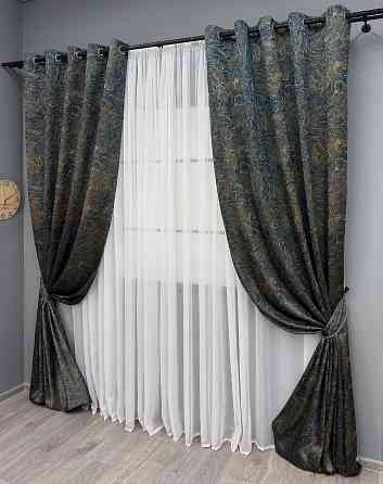 Комплект штор на люверсах VR-Textil Жаккард Fantasy № 1634ш Синий с золотистым 150х280 см 2 шт (37-0186) Киев