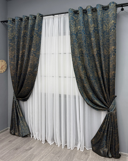 Комплект штор на люверсах VR-Textil Жаккард Fantasy № 1634ш Синий с золотистым 150х280 см 2 шт (37-0186) Киев - изображение 3