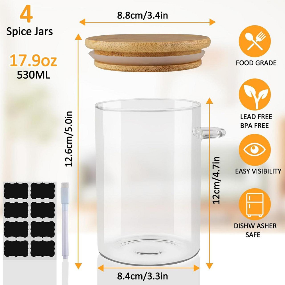 Банки для зберігання набір 4 шт 500 мл скляні ємності з ложкою кришкою наклейками для кухні чаю кави круп горіхів сухих продуктів Київ - фото 3