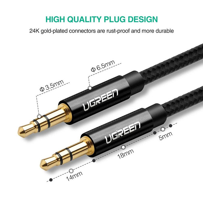 Аудіо кабель AUX 3.5 mm (miniJack) Ugreen AV112 (Чорний, 1м) Николаев - изображение 10