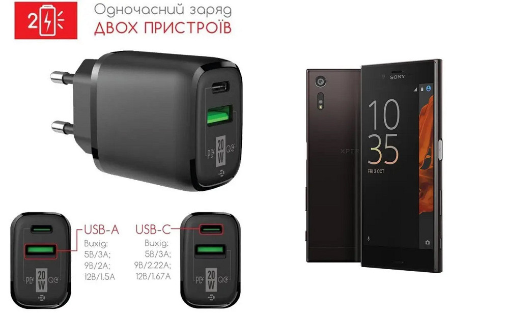 Сетевое зарядное устройство для Sony Xperia XZ Premium G8142, 20W 3A, Quick Charge 3.0 Киев - изображение 1