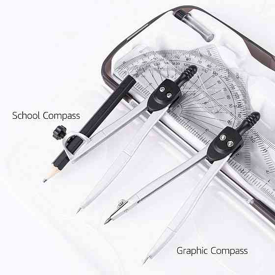 Набор для математики 10 предметов: металлический циркуль, линейка, транспортир, угольник, точилка, резинка в Киев