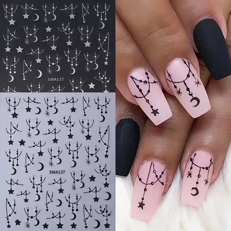 3D наклейки для ногтей в бохо стиле — луна, звезды, цепочки, черные + серебряные (2 листа) Киев - изображение 6