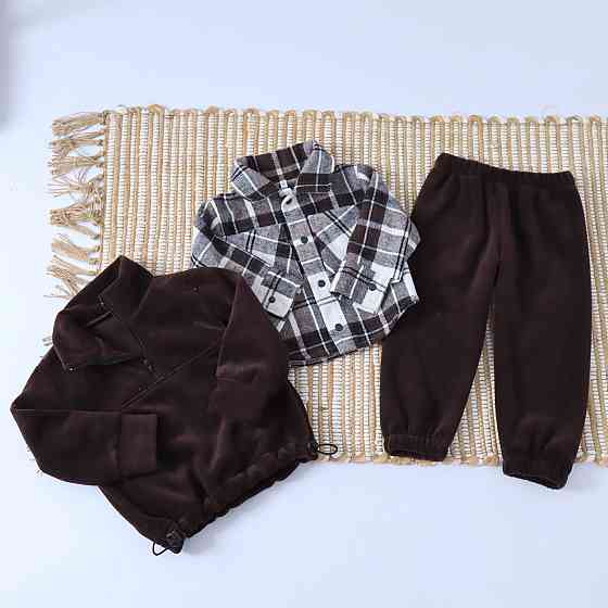 Коричневый теплый детский комплект из флиса тедди (рубашка в клетку+толстовка+брюки) Каменец-Подольский