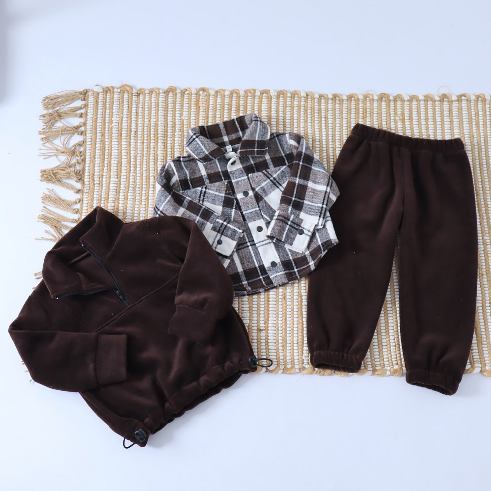 Коричневый теплый детский комплект из флиса тедди (рубашка в клетку+толстовка+брюки) Каменец-Подольский - изображение 4