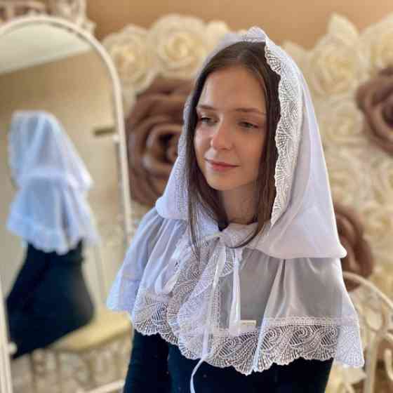 Жіночий палантин для відвідування храму, церкви, монастиря, обряду хрещення, вінчання мереживна шифонова хустка на голову Ніжність перлин 80*120 см Be Кривий Ріг