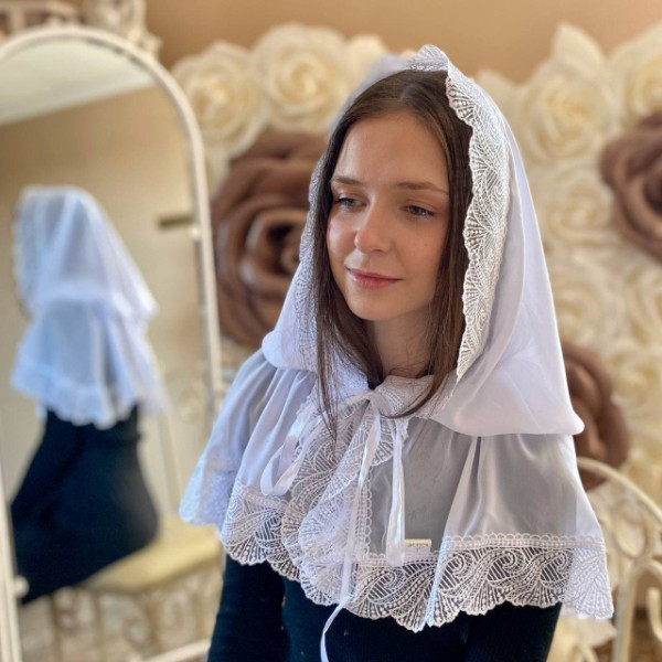 Жіночий палантин для відвідування храму, церкви, монастиря, обряду хрещення, вінчання мереживна шифонова хустка на голову Ніжність перлин 80*120 см Be Кривий Ріг - фото 1