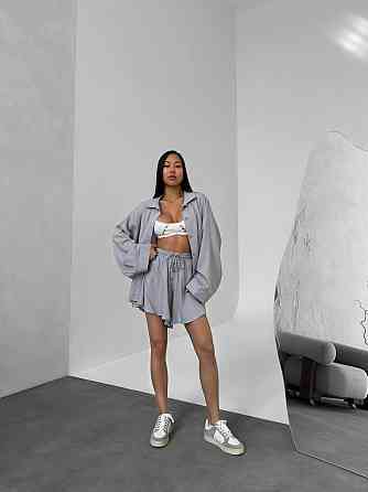 Жіночий літній оверсайз костюм-двійка: сорочка та шорти льон Сірий Одеса