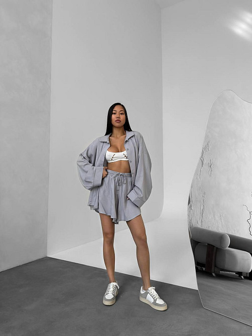 Жіночий літній оверсайз костюм-двійка: сорочка та шорти льон Сірий Одеса - фото 5