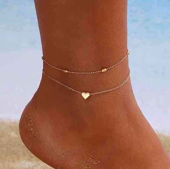 Браслет на ногу золотистый с сердцем двойной женский Киев