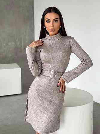 Женское стильное теплое и удобное платье с разрезами в длине миди турецкое двухстороннее ангора люкс Беж, 42/44 Одесса