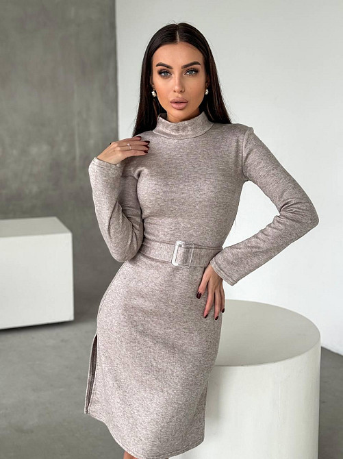 Женское стильное теплое и удобное платье с разрезами в длине миди турецкое двухстороннее ангора люкс Беж, 42/44 Одесса - изображение 6