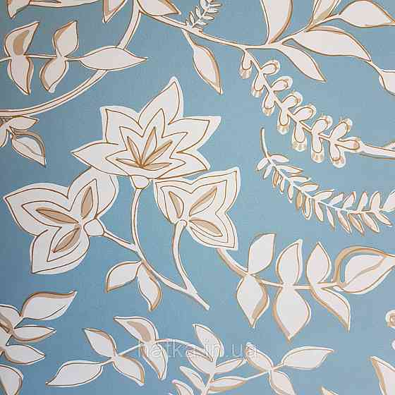 Шпалери вінілові на флізелін Caselio Mystery 0.53х10 м дитячі яскраві квіти листя білі золотисті на блакитному Київ