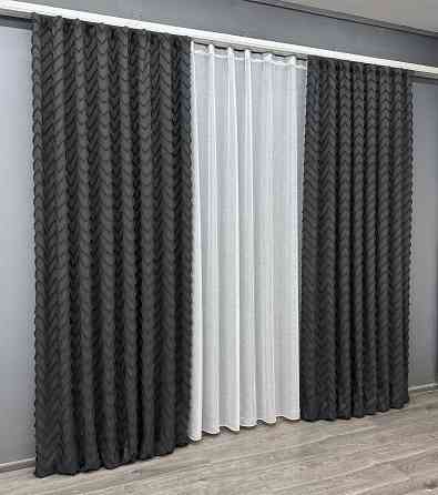 Комплект штор VR-Textil Лен Букле 150х270 2шт и Тюль 500х270 1810ш-115т Графитовый с белым 71-038/4 Киев