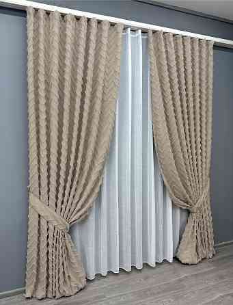 Комплект штор VR-Textil Лен Букле 150х270 2шт и Тюль 400х270 1812ш-115т Бежевый с белым 71-036/3 Киев
