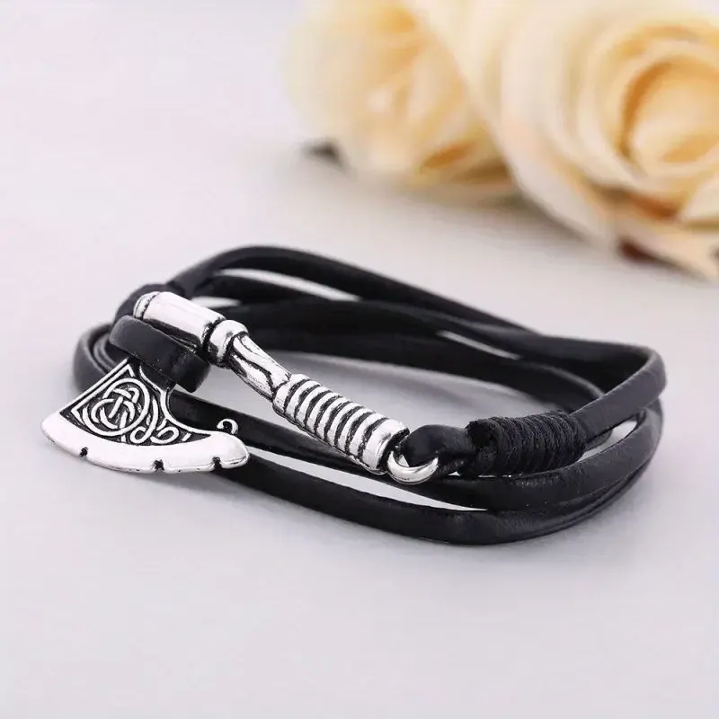 Черный кожаный браслет мужской со знаком топора викинга — оберег, стильное украшение, подарок Киев - изображение 3