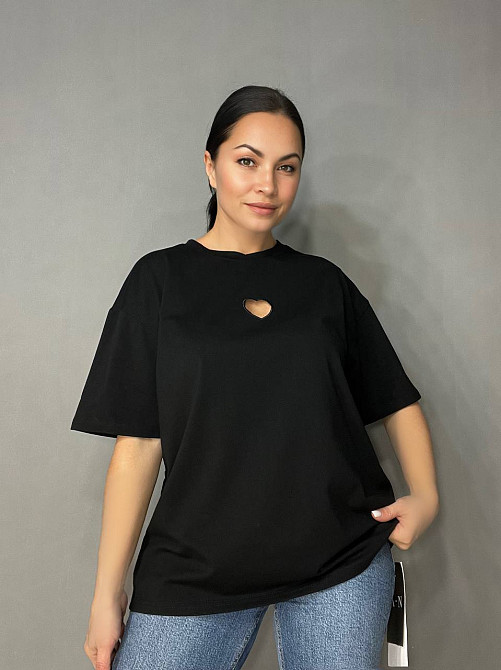 Футболка женская A-N 25037 оверсайз удлиненная свободный крой вырез сердце впереди one size, черный, one size Киев - изображение 12