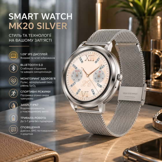 Смарт-годинник Smart Watch MK20 Silver, 1.09", Bluetooth 5.0, пульс, тиск, SpO₂, IP67, металевий ремінець Київ
