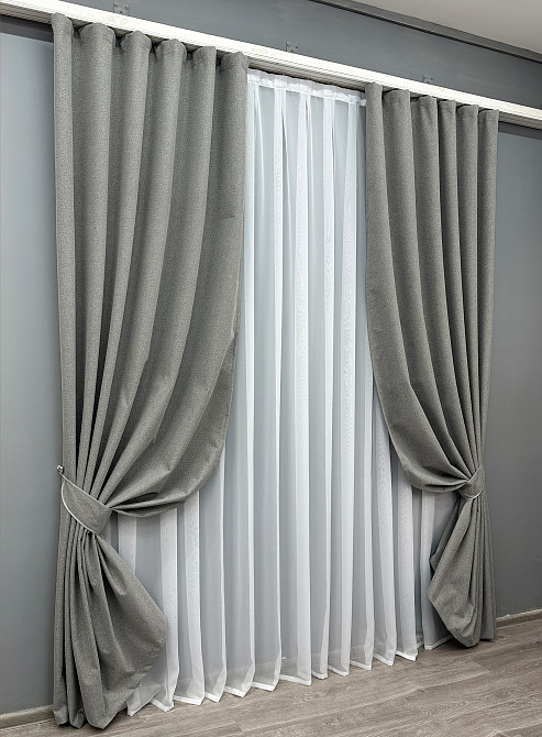 Комплект готовых штор VR-Textil Лен блэкаут № 1821ш Серый 150х270 см 2 шт (33-0822) Киев - изображение 3