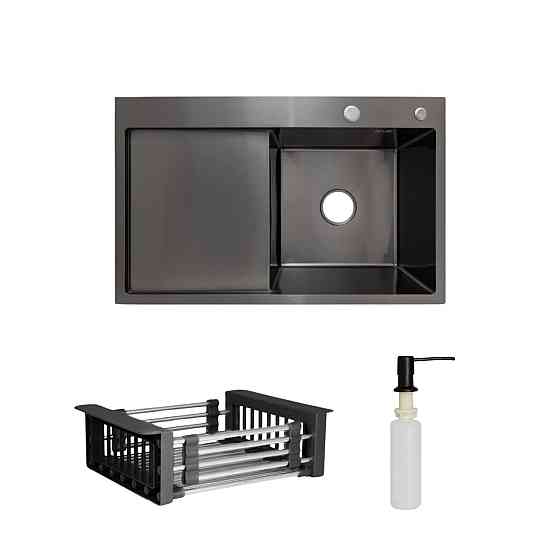 Комплект Lidz Handmade H7849BL Мийка для кухні інтегрована крило зліва BlackPVD у комплекті з дозатором + Lidz K01B Кошина Київ