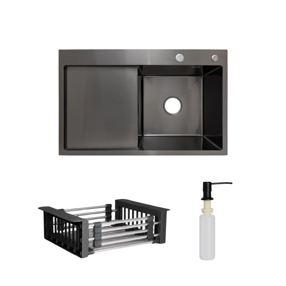 Комплект Lidz Handmade H7849BL Мойка для кухни интегрированная крыло слева BlackPVD в комплекте с дозатором + Lidz K01B Корзина Киев - изображение 1