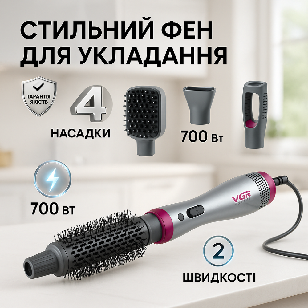 Фен-щітка для щоденного використання 4в1 VGR V-408 700 Вт, Портативний фен для укладання волосся YI-63 Київ - фото 12