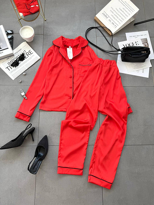 Женская легкая пижама двойка: рубашка и штаны шелк Красный, 42/44 Одесса - изображение 1