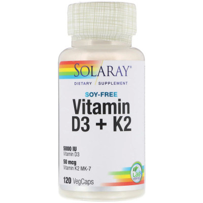 Вітамін Solaray Вітамін D3 + K2, Soy-Free Vitamin D3 + K2, 120 вегетаріанськ (SOR-57445) Вінниця - фото 1
