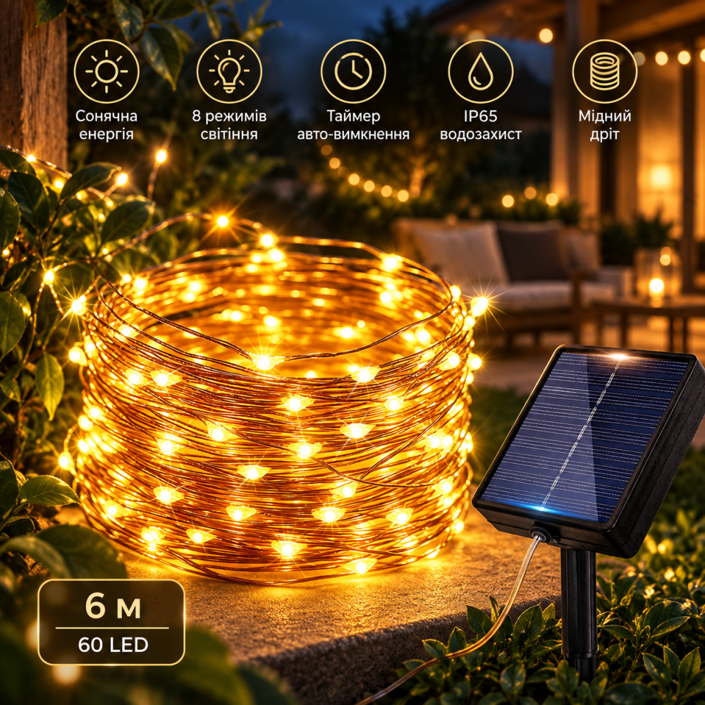 Сонячна LED-гірлянда Peasur 6 м 60 LED, теплий білий, 8 режимів, таймер, IP65, мідний дріт Київ - фото 1