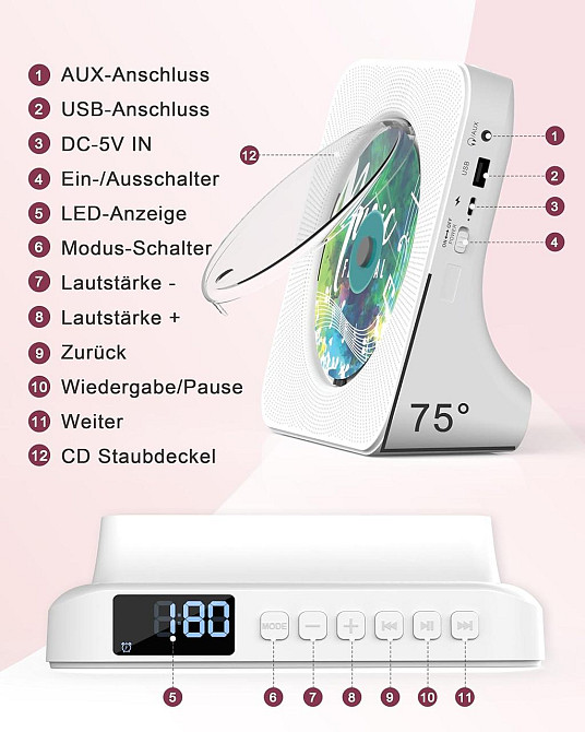 Аудіосистема Greadio KC-806 CD-плеер з пультом, світлодіодним екраном, FM-радіо, AUX/USB, HiFi-динаміком з Німеччини Дніпро - фото 12