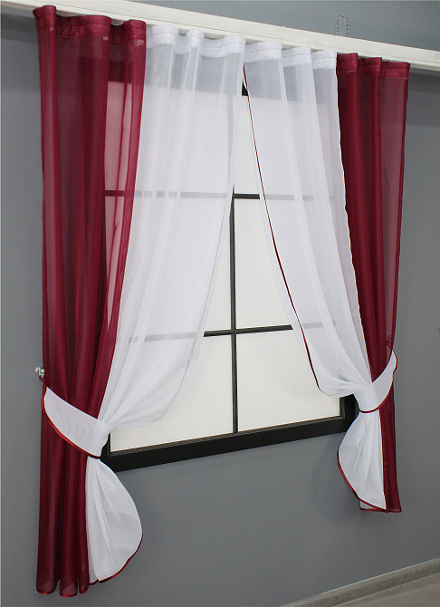 Кухонные шторы VR-Textil № 017к комбинированные с подвязками бордовый с белым 265х170 см (50-007) Киев - изображение 2