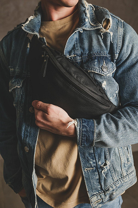 Сумка на пояс чоловіча, бананка із натуральної шкіри SKILL Dark (Чорна) Суми - фото 4