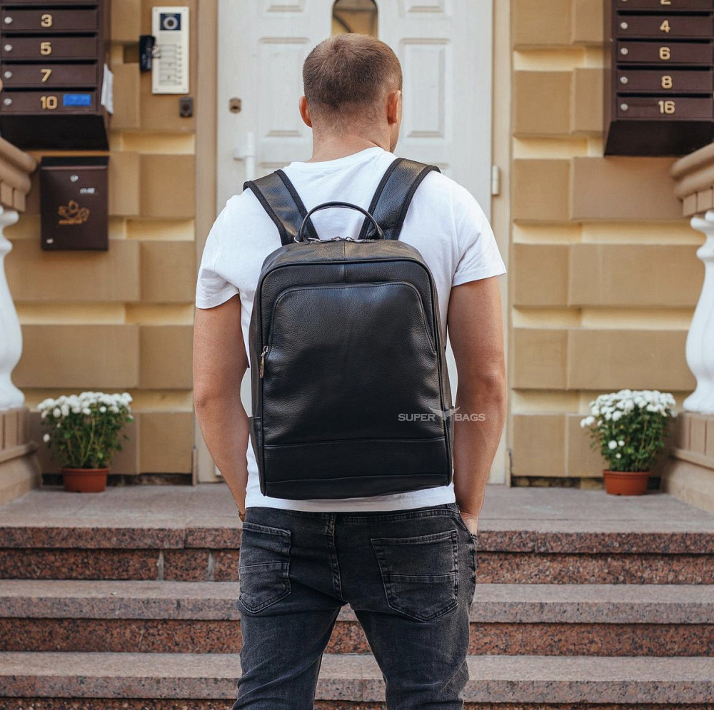 Рюкзак мужской кожаный 28х40х14, городская наплечная сумка для ноутбука и документов, черный Каменское - изображение 8